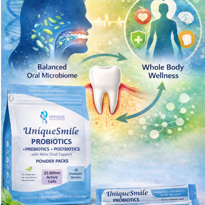 UniquoSmile Probiotics product packaging and two individual sachets shown against a colorful infographic-style background with a tooth illustration and text about oral microbiome and whole body wellness.