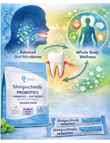 UniquoSmile Probiotics product packaging and two individual sachets shown against a colorful infographic-style background with a tooth illustration and text about oral microbiome and whole body wellness.