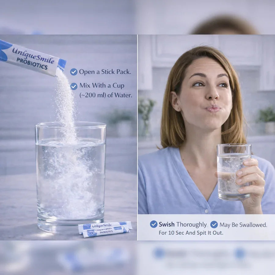 Unique Biosciences UniqueSmile Probiotics powder being mixed into a glass of water for oral use.